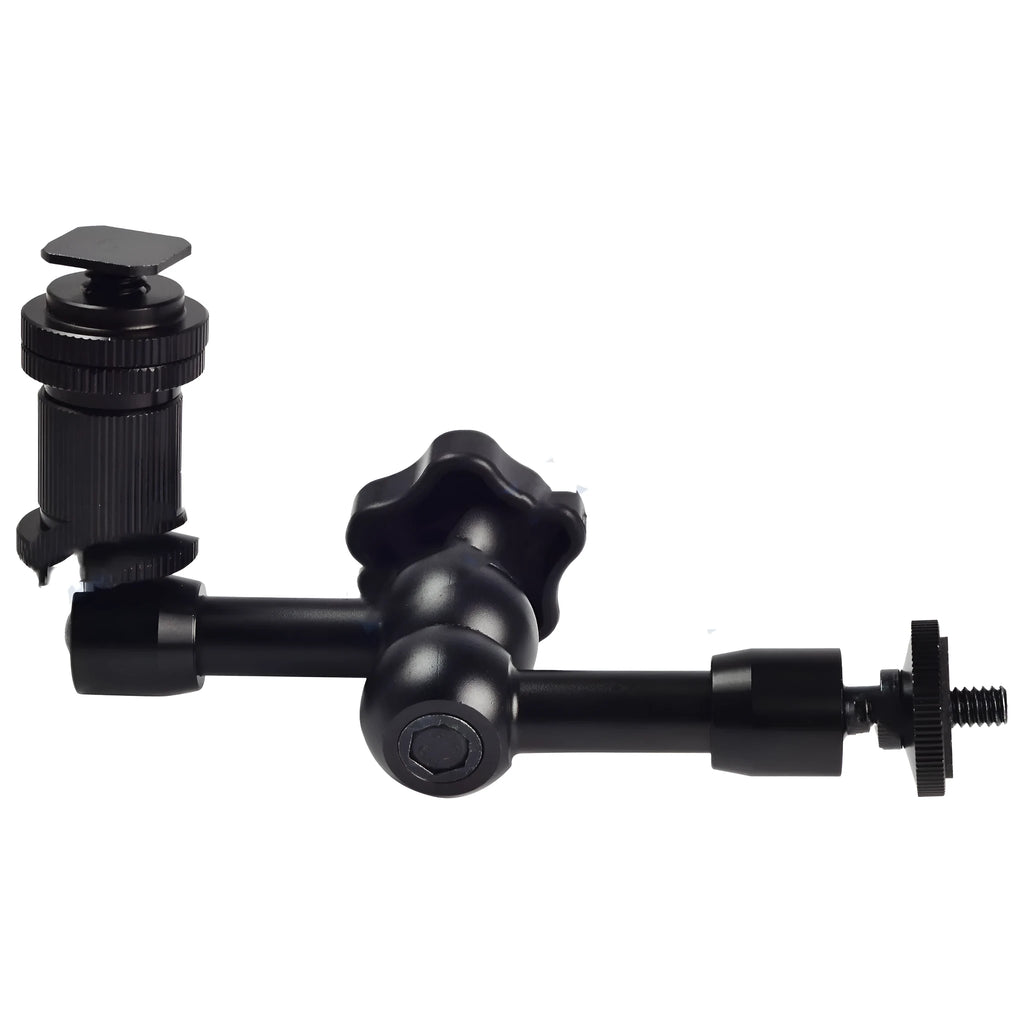 Black metal 7-inch magic friction articulating arm for DSLR cameras with hot shoe mount