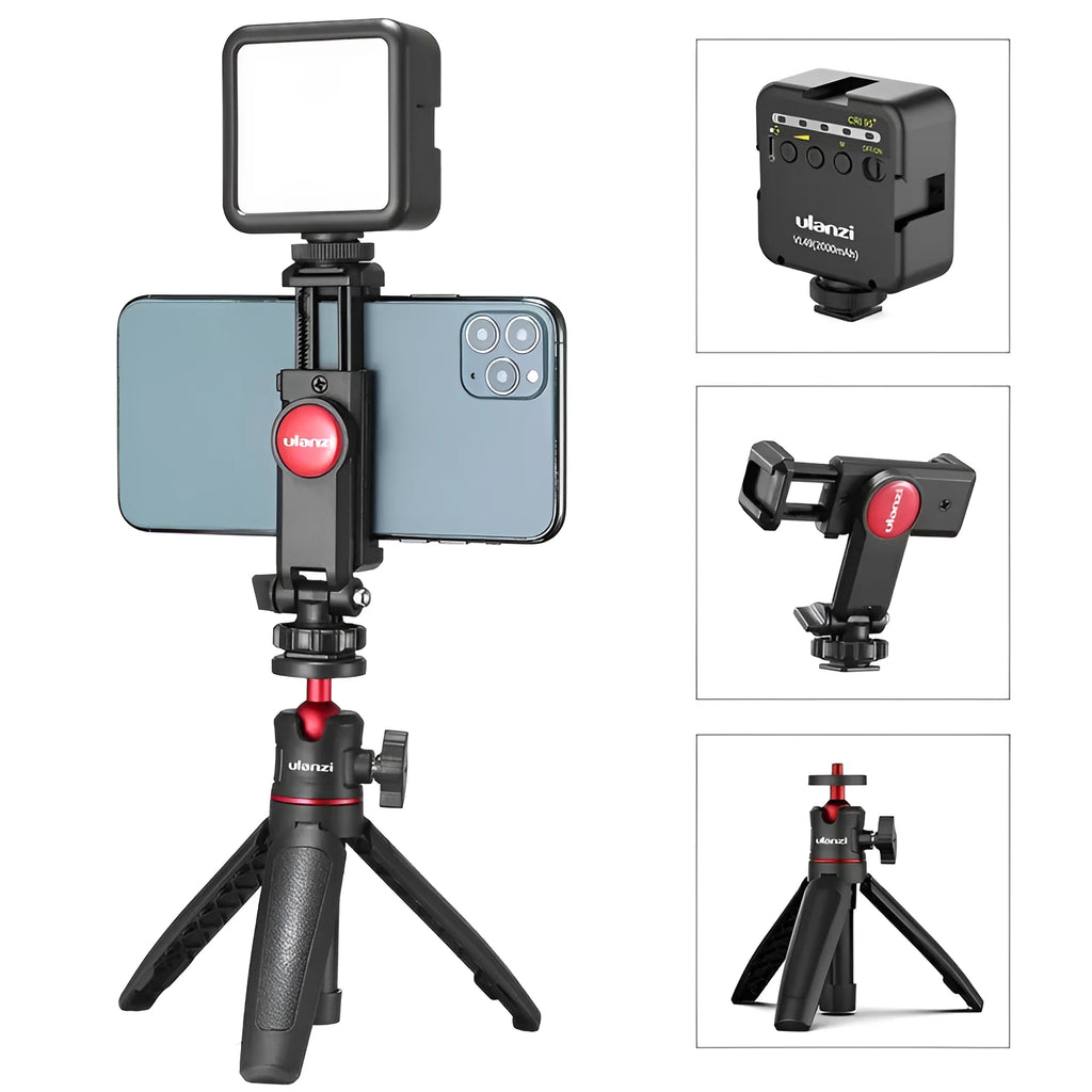 Vlog bracket set with mobile phone mount, integrated fill light, and included phone stand