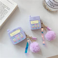 Purple silicone clamshell case for AirPods with fur ball pendant attached