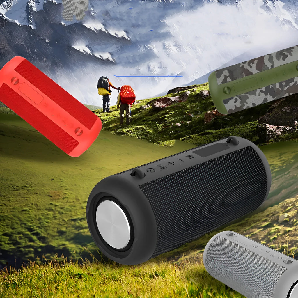 Black 20W portable Bluetooth speaker with 1800mAh battery, 205mm x 90mm plastic body, and button controls