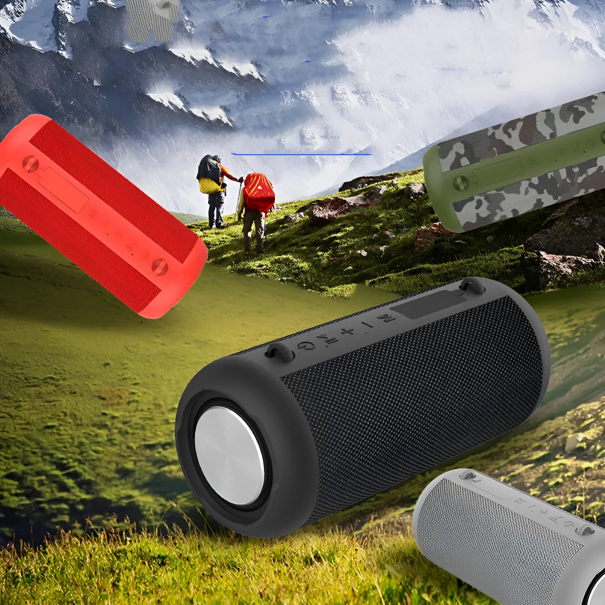 Black 20W portable Bluetooth speaker with 1800mAh battery, 205mm x 90mm plastic body, and button controls