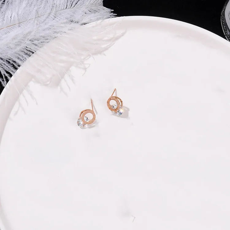 Gold geometric round titanium steel earrings for women in Korean style