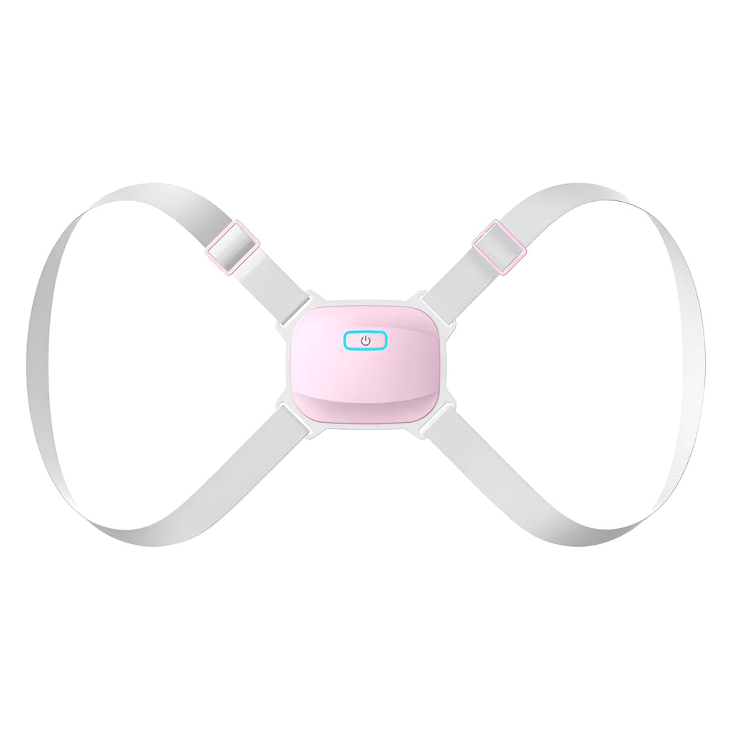 Invisible smart posture corrector with nylon belt, ABS housing, USB charging and 25-degree vibration alarm in grey or pink.