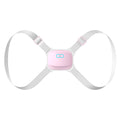 Invisible smart posture corrector with nylon belt, ABS housing, USB charging and 25-degree vibration alarm in grey or pink.