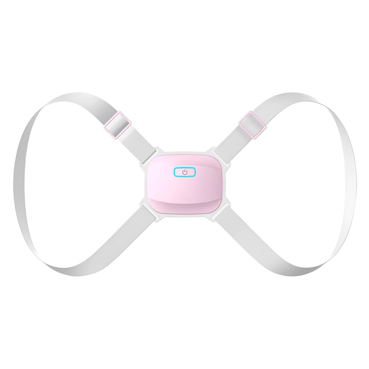 Invisible smart posture corrector with nylon belt, ABS housing, USB charging and 25-degree vibration alarm in grey or pink.