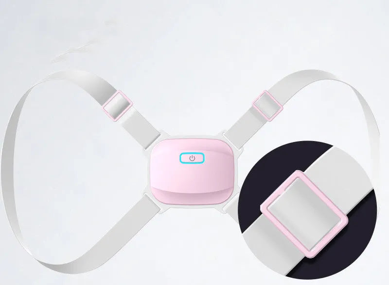 Invisible smart posture corrector with nylon belt, ABS housing, USB charging and 25-degree vibration alarm in grey or pink.