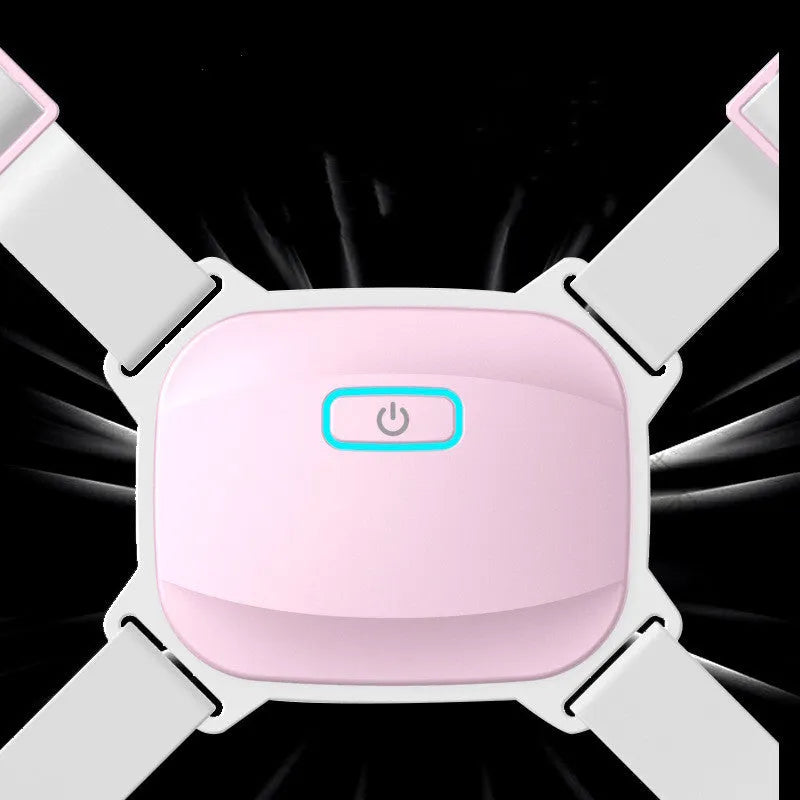 Invisible smart posture corrector with nylon belt, ABS housing, USB charging and 25-degree vibration alarm in grey or pink.
