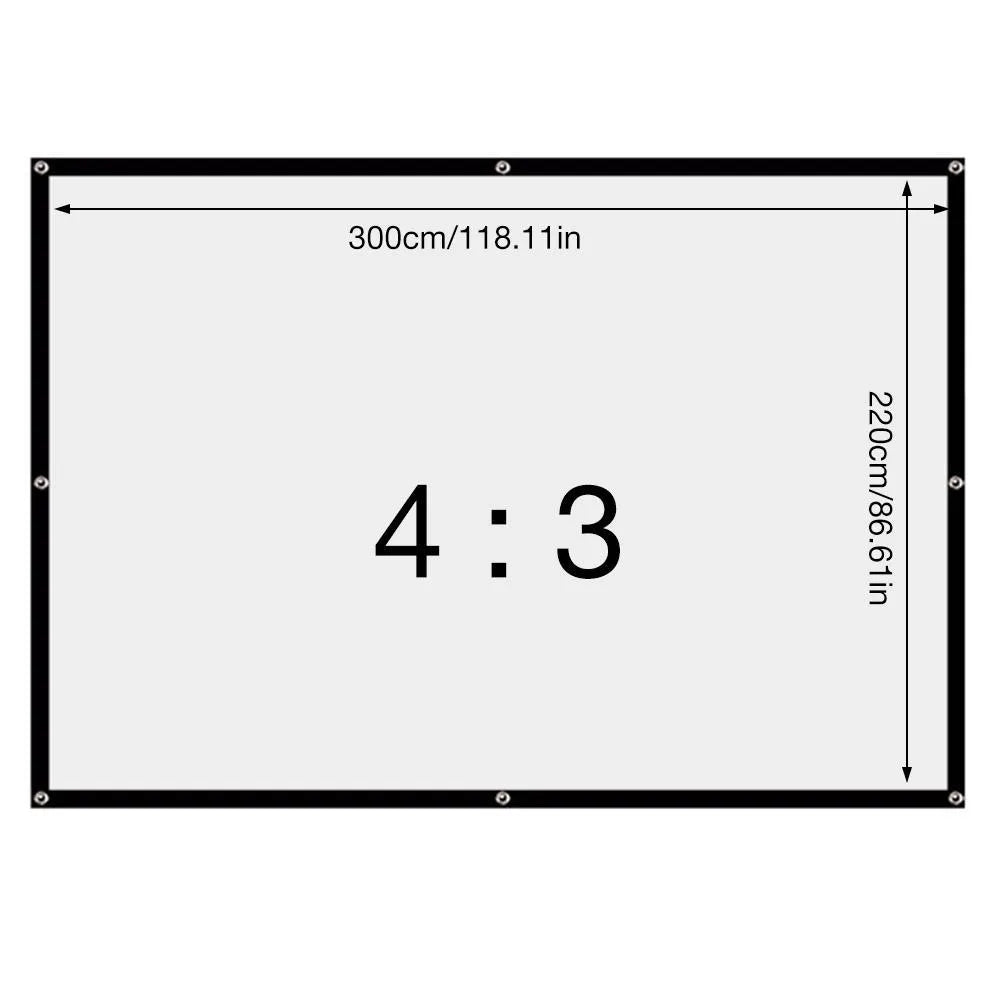 White foldable polyester projector screen showing 150 inch 4:3 soft screen