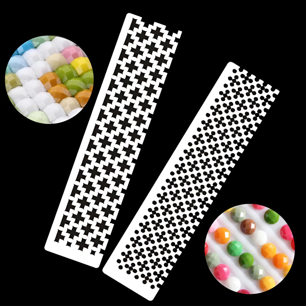Stainless steel diamond painting grid ruler showing measurement markings for craft alignment