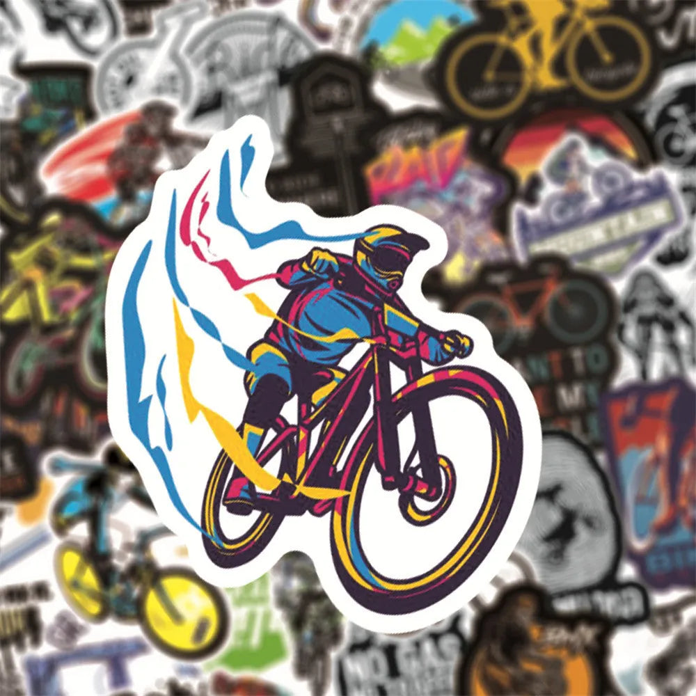 Fifty mountain bike and cross-country bicycle vinyl stickers with self-adhesive backing for notebook decoration
