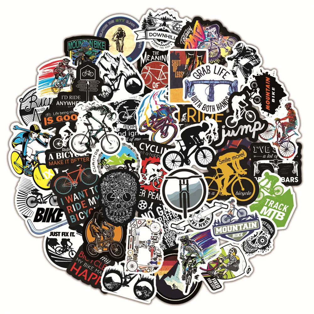 Fifty mountain bike and cross-country bicycle vinyl stickers with self-adhesive backing for notebook decoration
