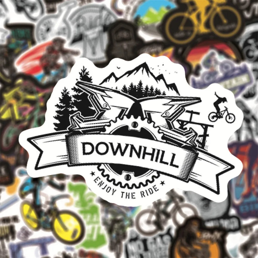 Fifty mountain bike and cross-country bicycle vinyl stickers with self-adhesive backing for notebook decoration