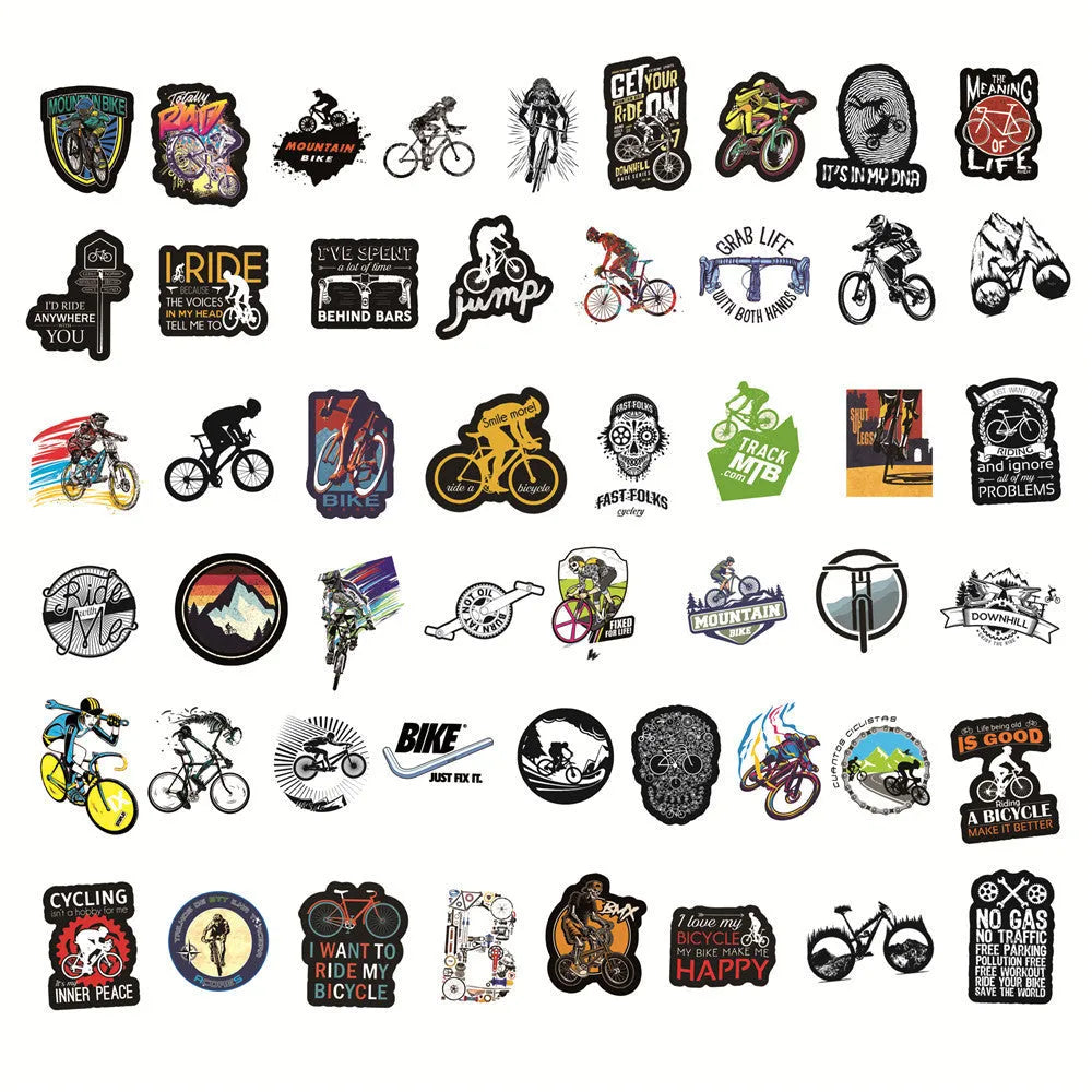 Fifty mountain bike and cross-country bicycle vinyl stickers with self-adhesive backing for notebook decoration