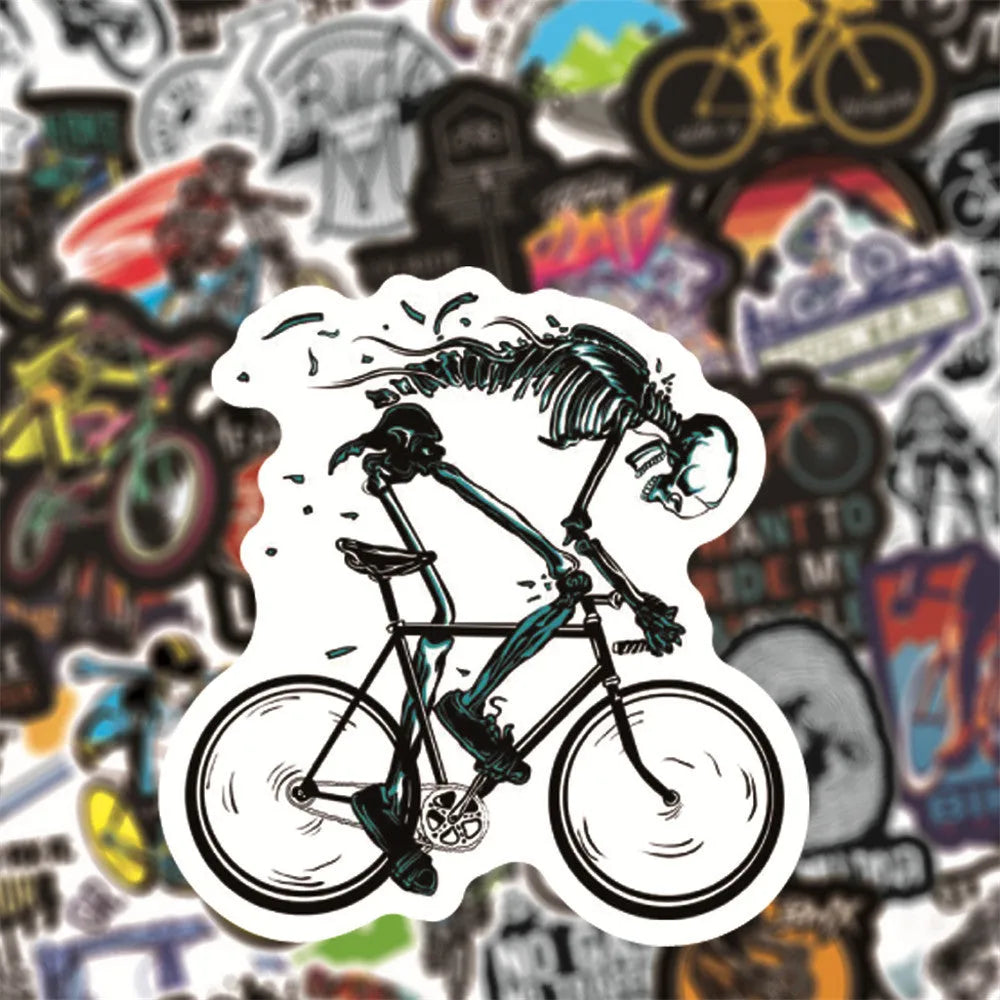 Fifty mountain bike and cross-country bicycle vinyl stickers with self-adhesive backing for notebook decoration
