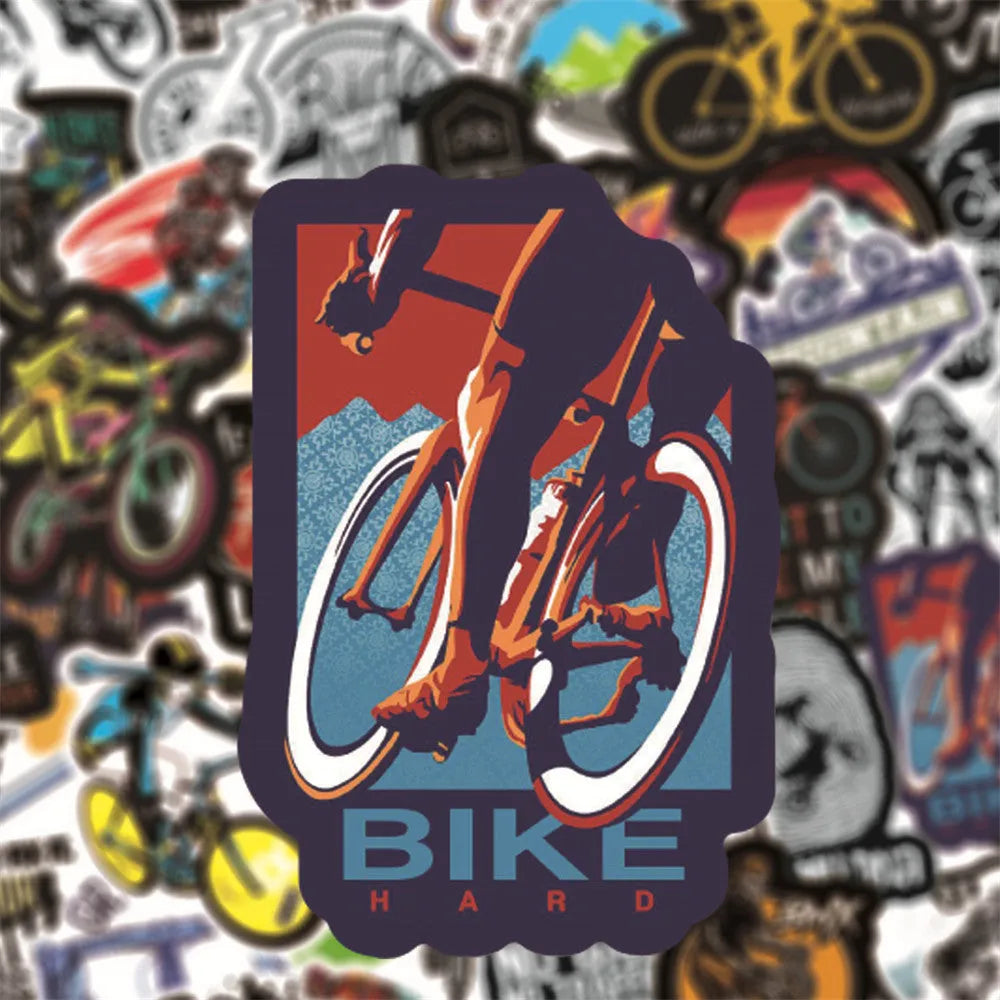 Fifty mountain bike and cross-country bicycle vinyl stickers with self-adhesive backing for notebook decoration