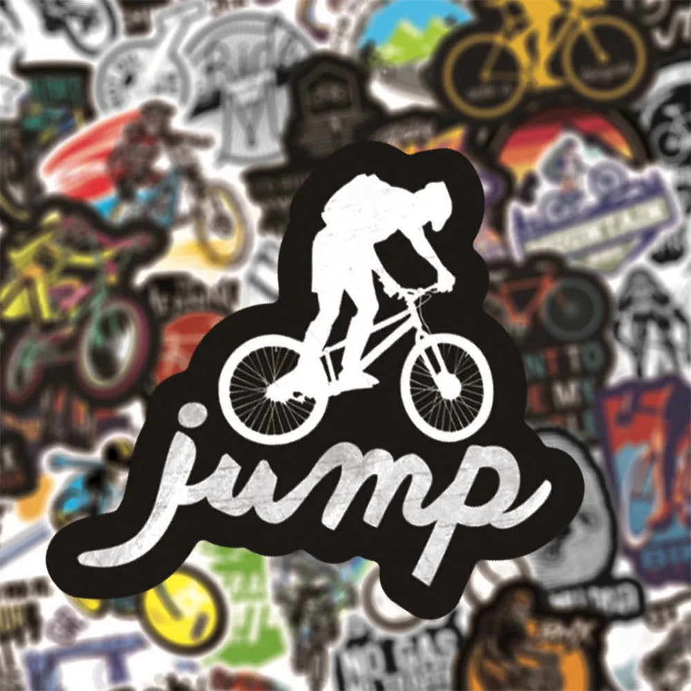 Fifty mountain bike and cross-country bicycle vinyl stickers with self-adhesive backing for notebook decoration