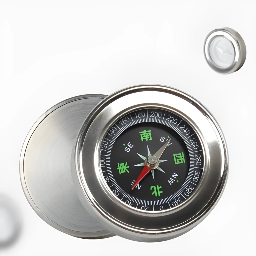 Stainless steel handheld compass for hiking and camping with brushed metal finish, polished bottom, in white or yellow.