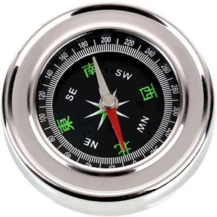 Stainless steel handheld compass for hiking and camping with brushed metal finish, polished bottom, in white or yellow.