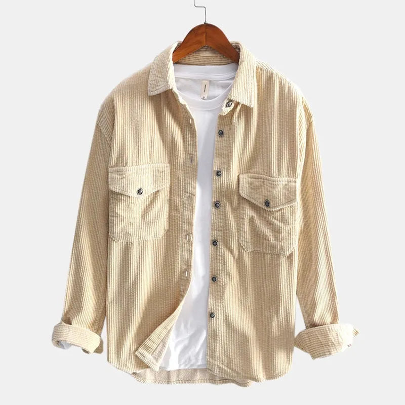 Men's corduroy shirt, long sleeved, slim fit, plain cotton 72.4%, retro leisure shirt, S to 3XL