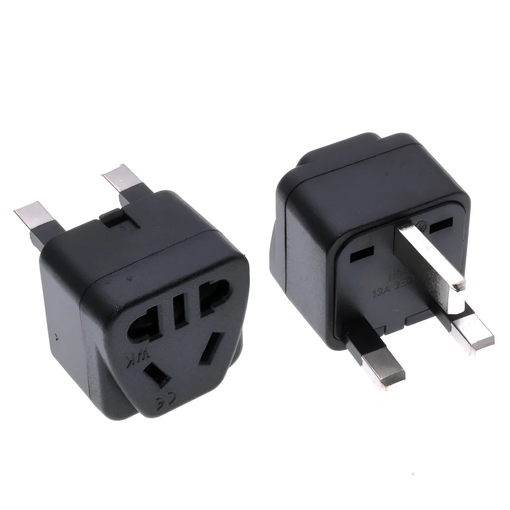 White UK three-pin international power adapter with five AC outlets for travel use