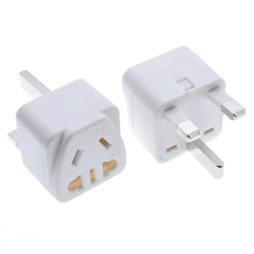 White UK three-pin international power adapter with five AC outlets for travel use