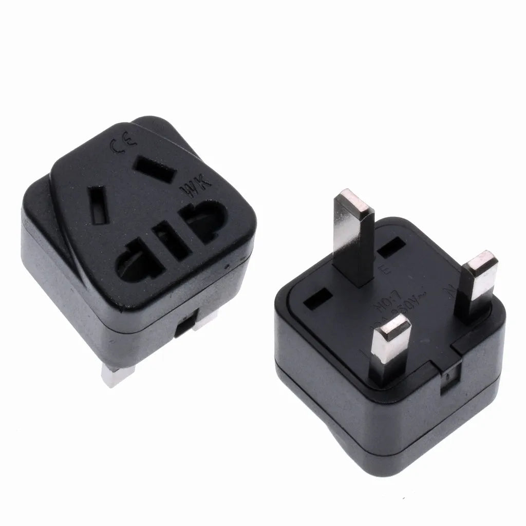 White UK three-pin international power adapter with five AC outlets for travel use