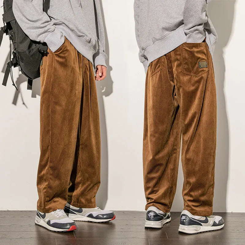 Men's casual corduroy trousers in black, straight-leg cut, 95% polyester blend, available in multiple sizes