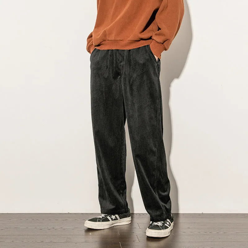 Men's casual corduroy trousers in black, straight-leg cut, 95% polyester blend, available in multiple sizes