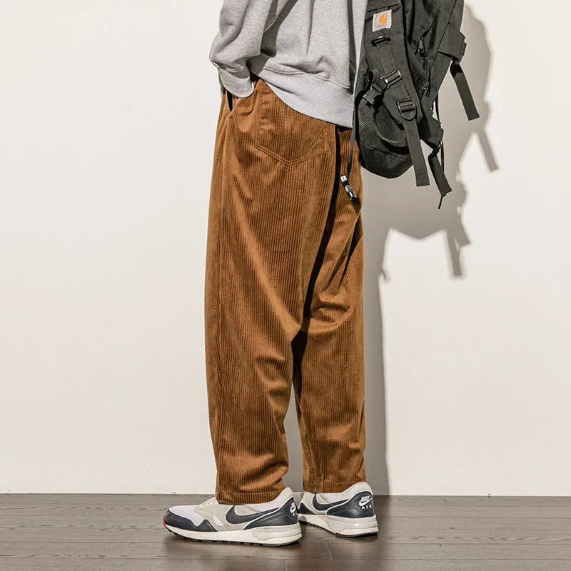 Men's casual corduroy trousers in black, straight-leg cut, 95% polyester blend, available in multiple sizes
