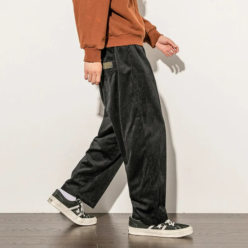 Men's casual corduroy trousers in black, straight-leg cut, 95% polyester blend, available in multiple sizes