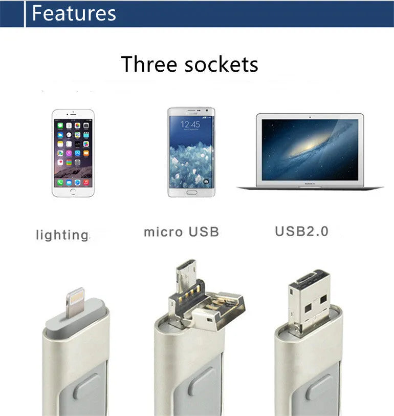 OTG three-in-one USB flash drive with metal shell, USB 2.0, 55mm x 22.5mm x 9.2mm, for Apple Android and computer