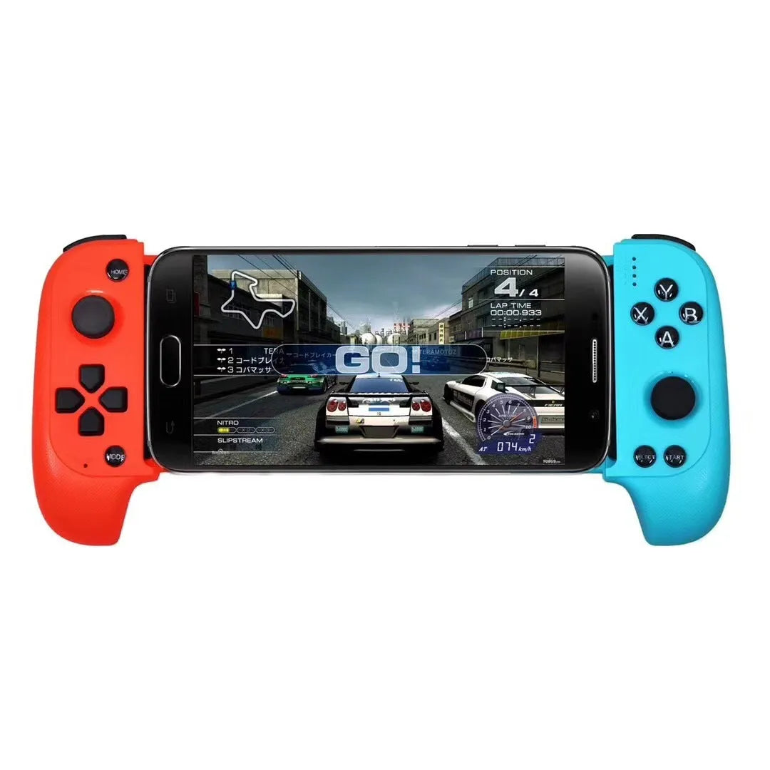 Cytec wireless Bluetooth telescopic game handle in black and red blue holding a smartphone
