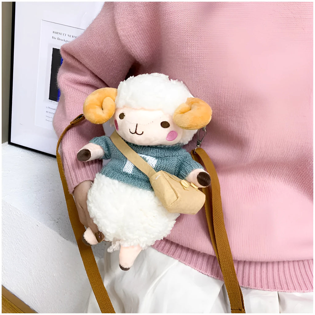 Little Sheep plush crossbody bag showing square design with lamb pattern and zip closure