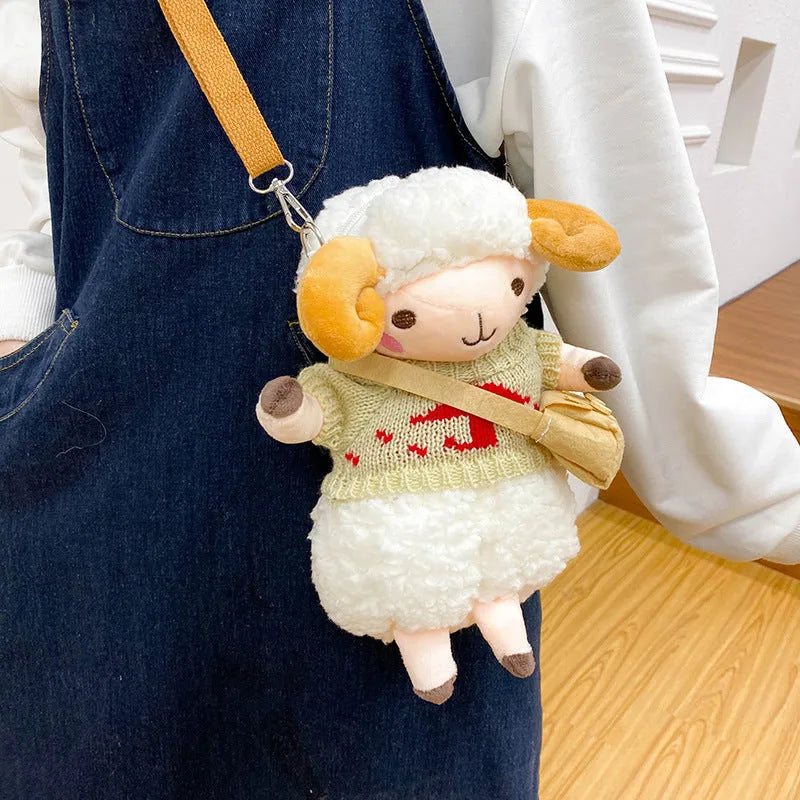 Little Sheep plush crossbody bag showing square design with lamb pattern and zip closure