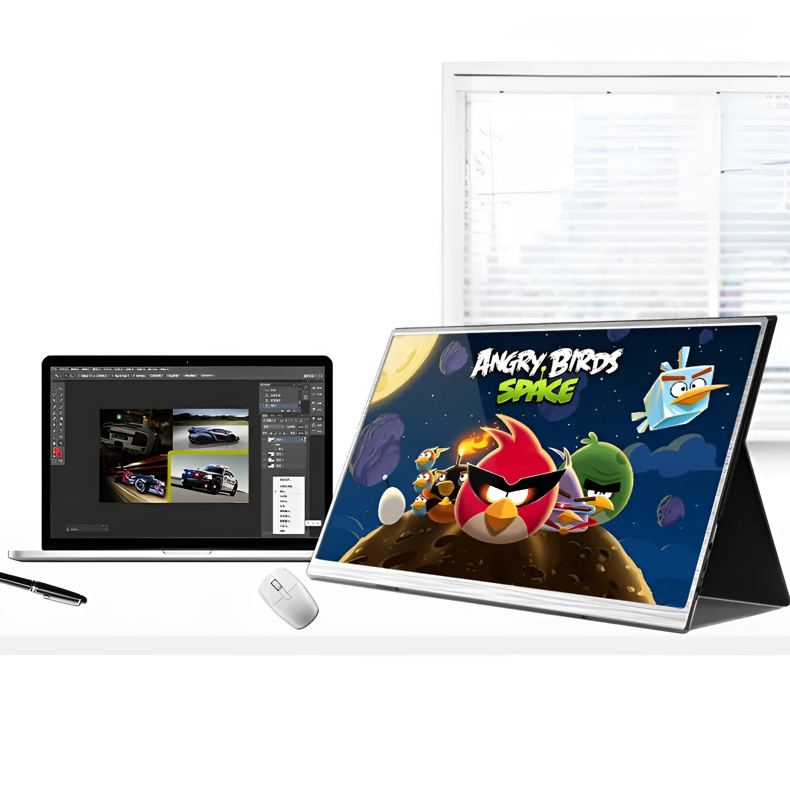 15-inch portable gaming monitor with ultra-thin design showing split screen display functionality