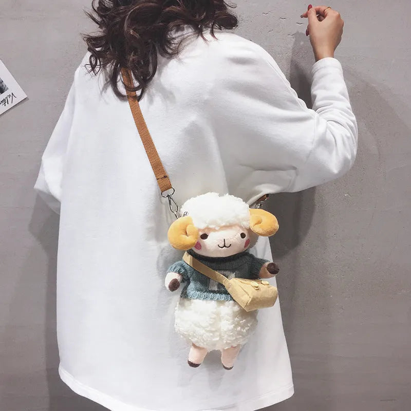 Little Sheep plush crossbody bag showing square design with lamb pattern and zip closure