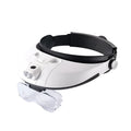 Headband-mounted magnifying loupe with five interchangeable acrylic lenses and two front-mounted LED lights on an adjustable band.