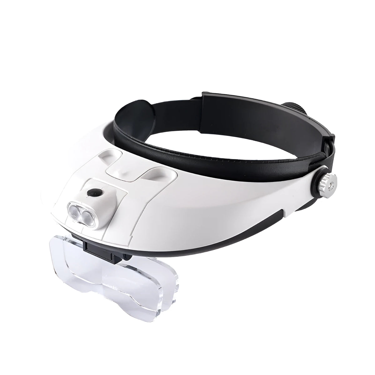 Headband-mounted magnifying loupe with five interchangeable acrylic lenses and two front-mounted LED lights on an adjustable band.
