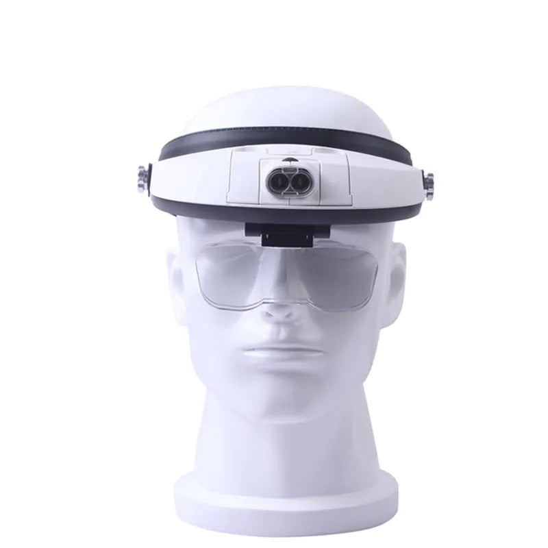 Headband-mounted magnifying loupe with five interchangeable acrylic lenses and two front-mounted LED lights on an adjustable band.