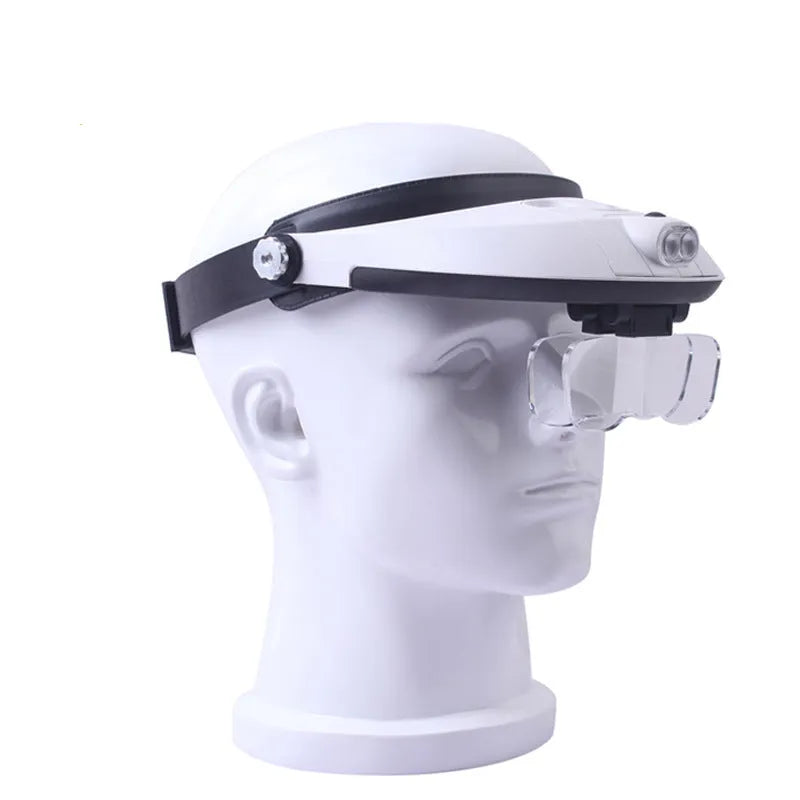 Headband-mounted magnifying loupe with five interchangeable acrylic lenses and two front-mounted LED lights on an adjustable band.