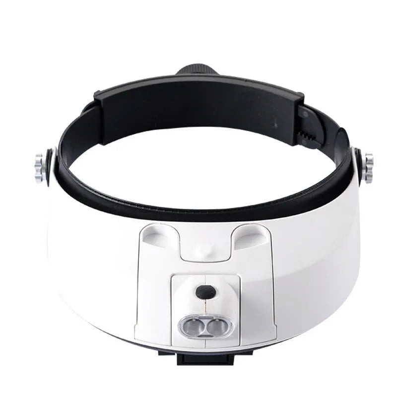 Headband-mounted magnifying loupe with five interchangeable acrylic lenses and two front-mounted LED lights on an adjustable band.