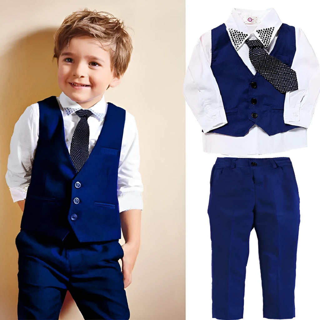 Boys' blue cotton casual suit set including turtleneck, vest, tie and trousers for toddler sizes