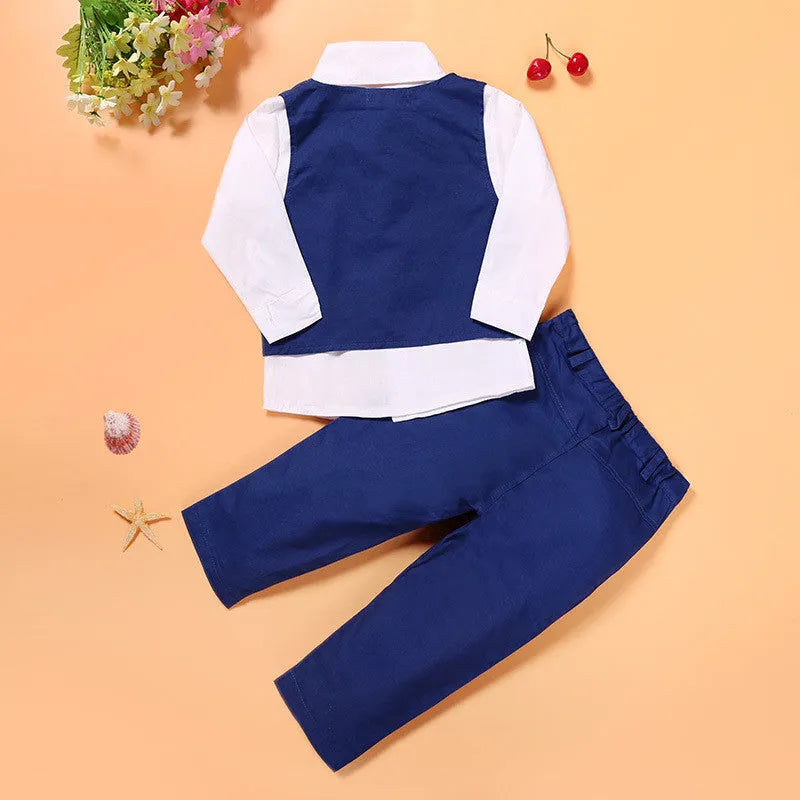 Boys' blue cotton casual suit set including turtleneck, vest, tie and trousers for toddler sizes