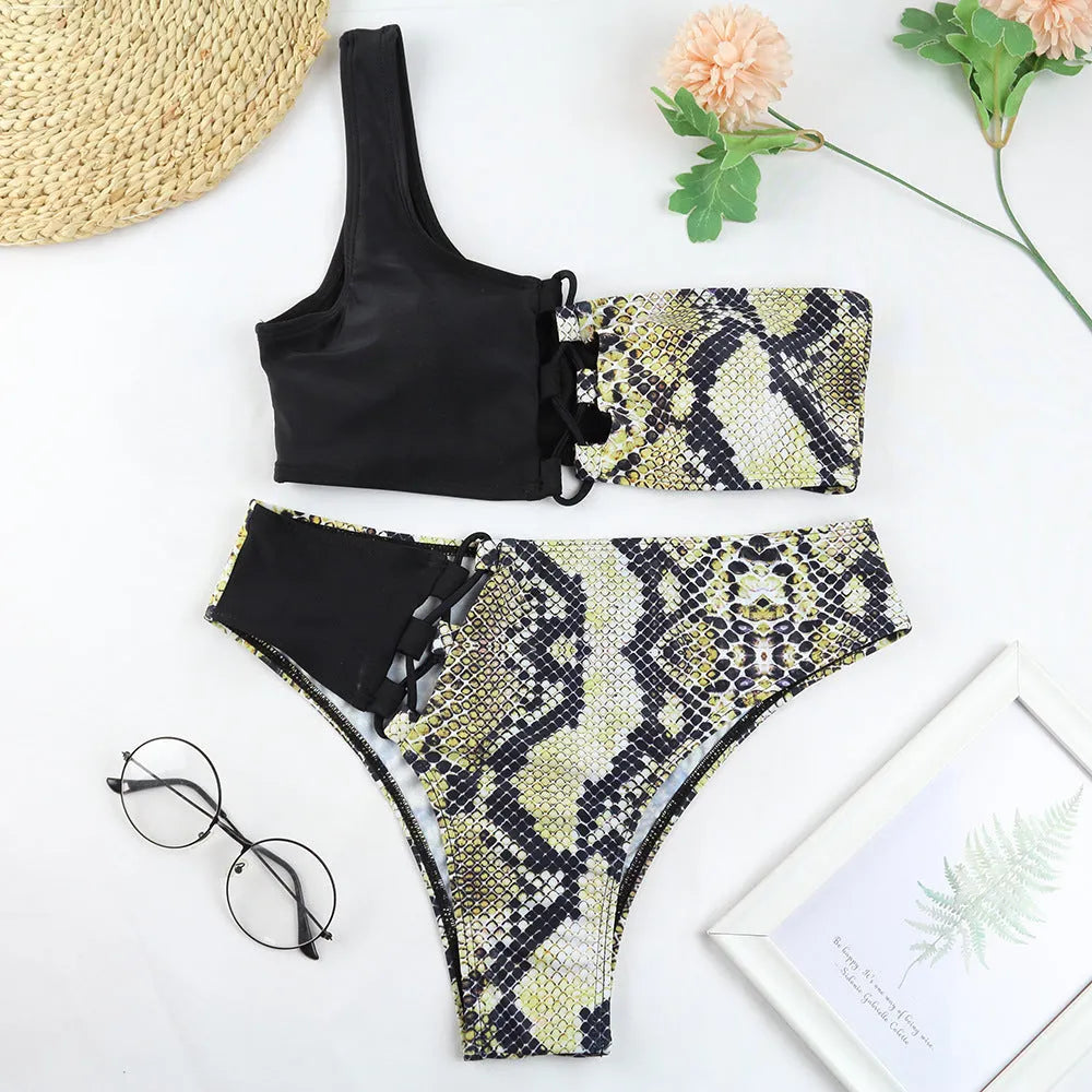 Ladies one-shoulder leopard print split swimsuit with chest pad, sizes S M L