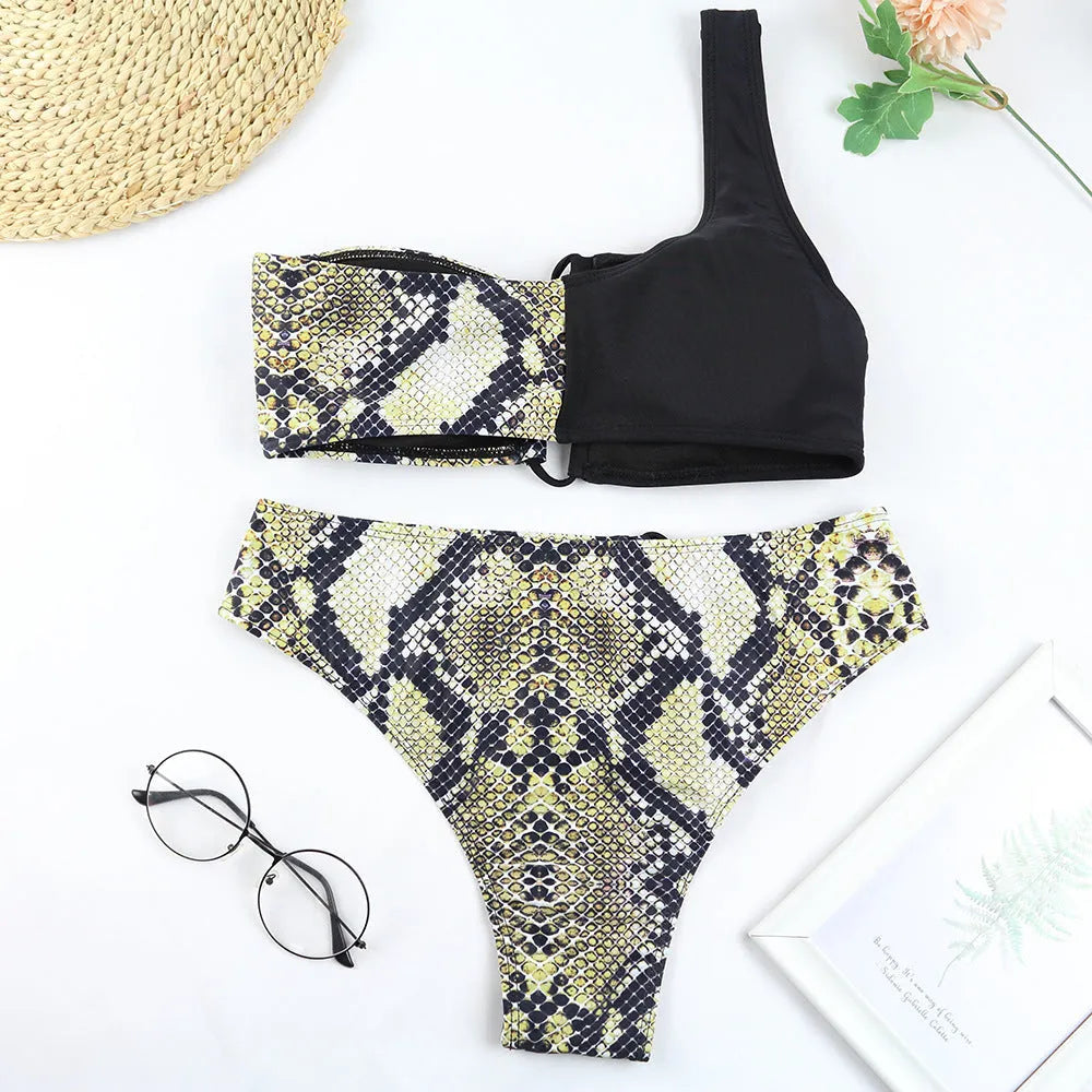 Ladies one-shoulder leopard print split swimsuit with chest pad, sizes S M L