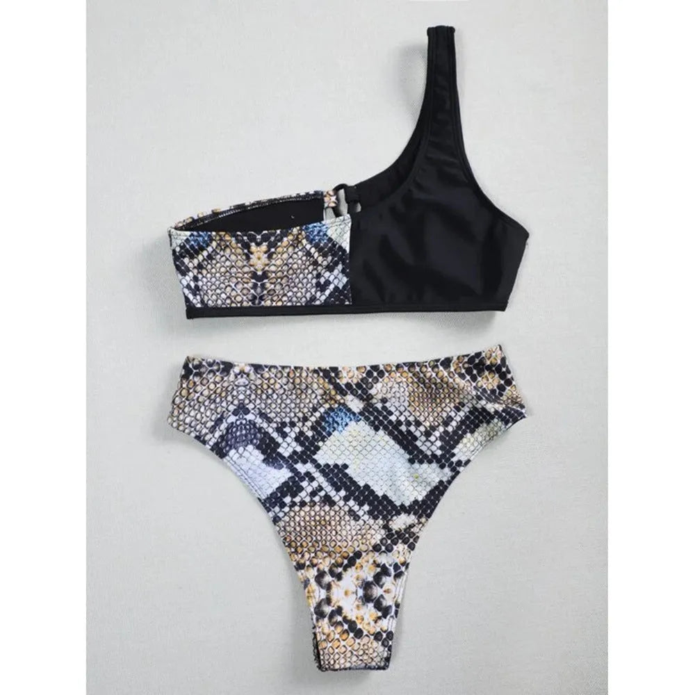Ladies one-shoulder leopard print split swimsuit with chest pad, sizes S M L