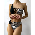 Ladies one-shoulder leopard print split swimsuit with chest pad, sizes S M L