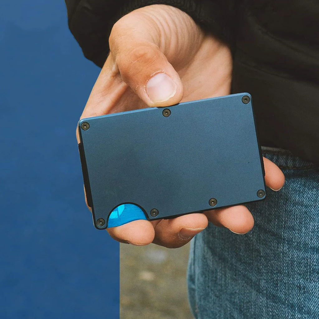 Mens RFID blocking slim money clip wallet in aluminium and stainless steel, 86 x 55 x 8mm, holds 1-12 cards, gold blue black