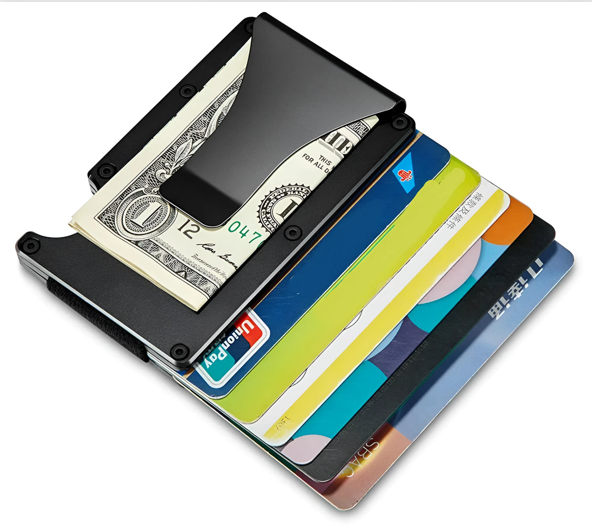Mens RFID blocking slim money clip wallet in aluminium and stainless steel, 86 x 55 x 8mm, holds 1-12 cards, gold blue black