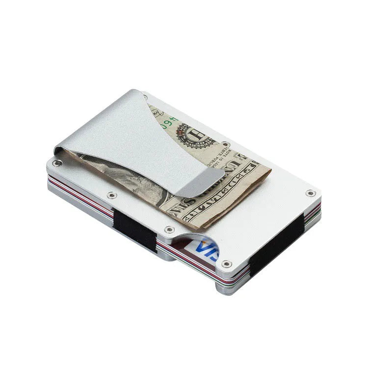 Mens RFID blocking slim money clip wallet in aluminium and stainless steel, 86 x 55 x 8mm, holds 1-12 cards, gold blue black